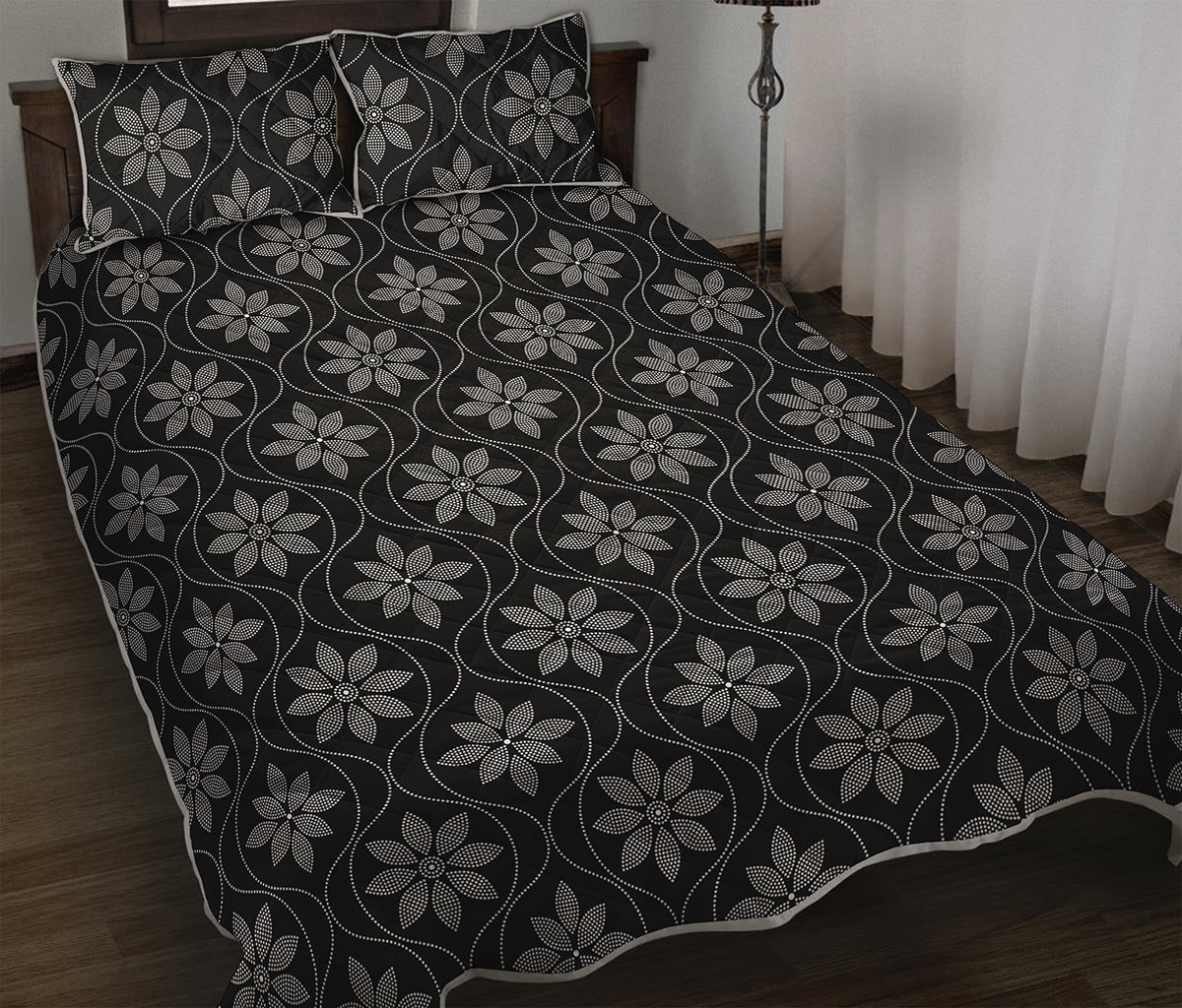 Geometric Dot Flower Pattern Print Quilt Bed Set