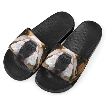 Geometric English Bulldog Print Black Slide Sandals