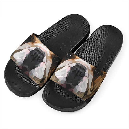 Geometric English Bulldog Print Black Slide Sandals