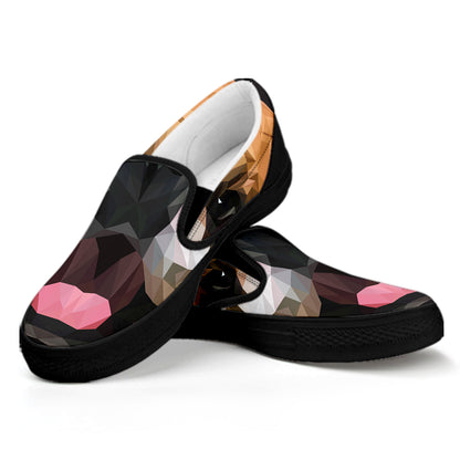 Geometric English Bulldog Print Black Slip On Shoes