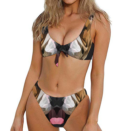 Geometric English Bulldog Print Front Bow Tie Bikini