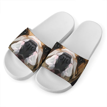 Geometric English Bulldog Print White Slide Sandals