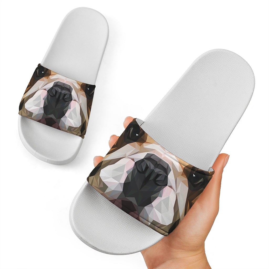 Geometric English Bulldog Print White Slide Sandals