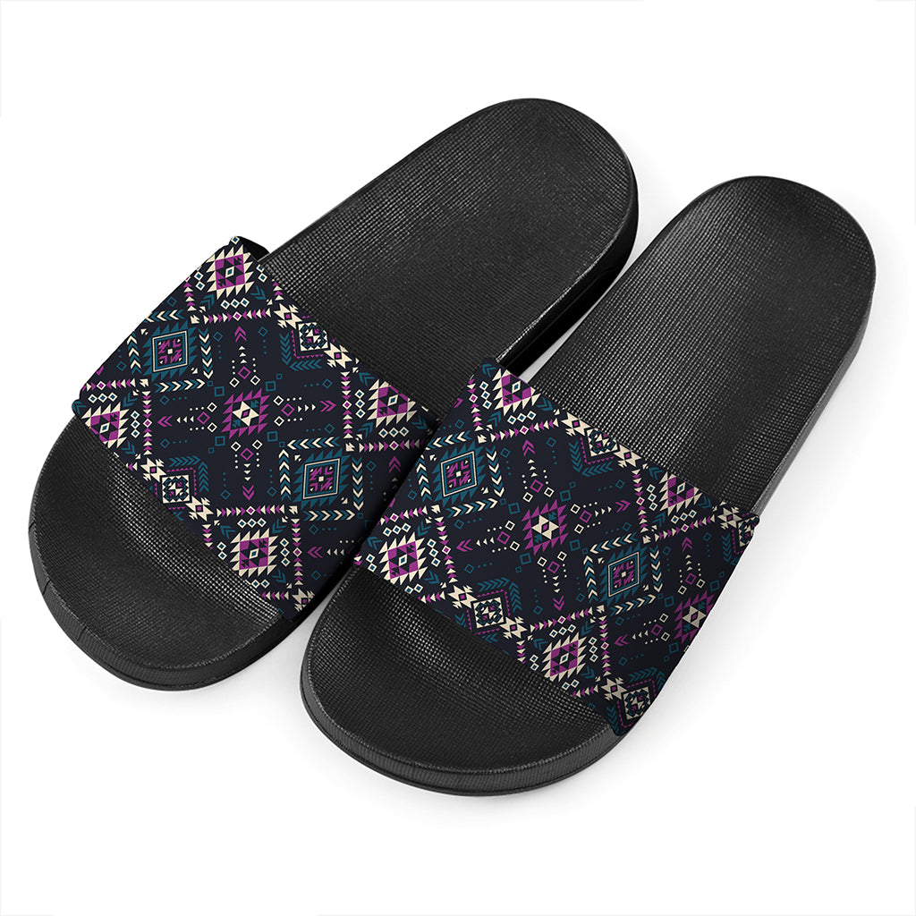 Geometric Ethnic Navajo Pattern Print Black Slide Sandals