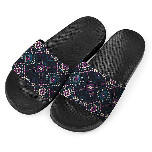 Geometric Ethnic Navajo Pattern Print Black Slide Sandals