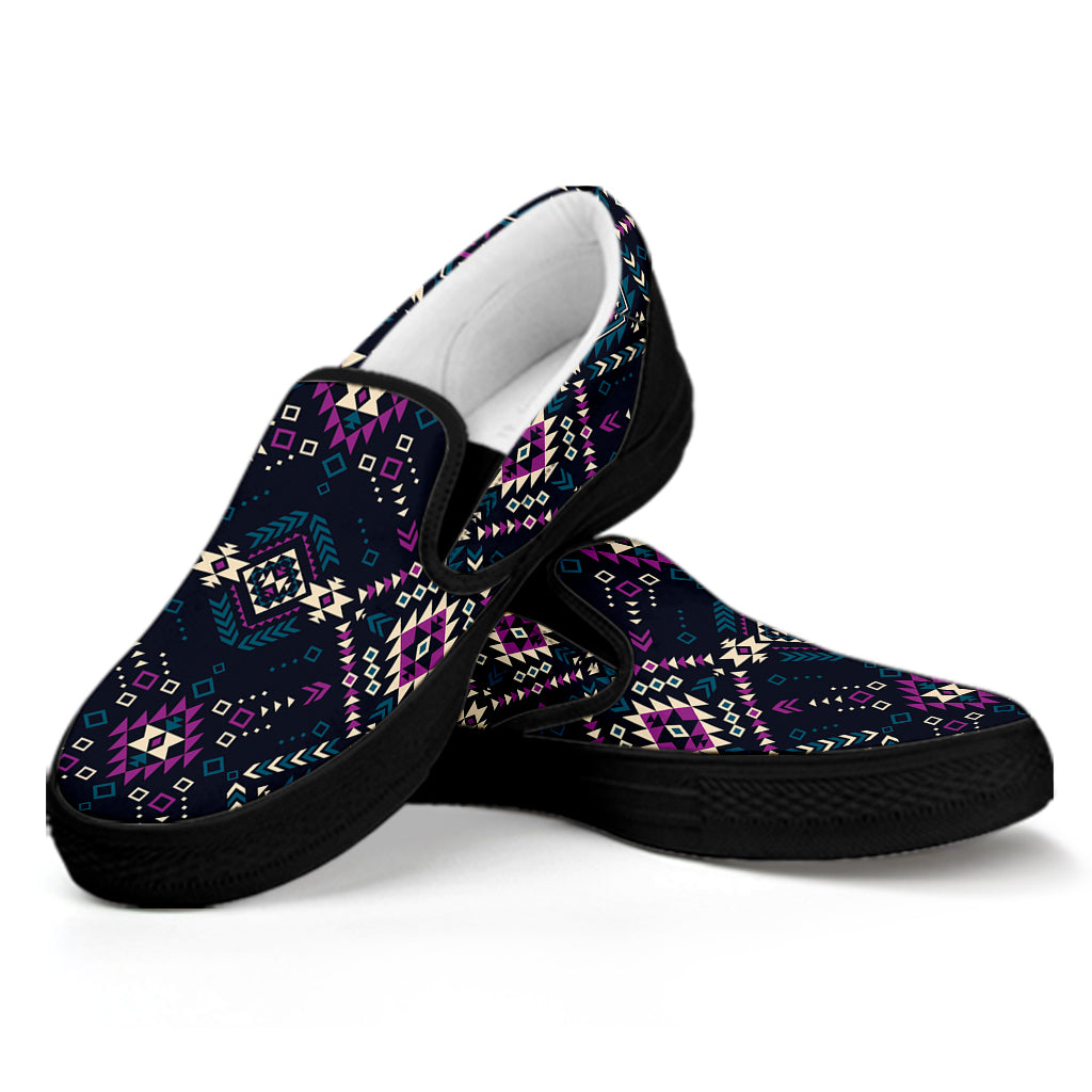 Geometric Ethnic Navajo Pattern Print Black Slip On Shoes