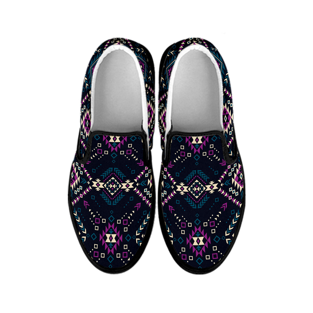 Geometric Ethnic Navajo Pattern Print Black Slip On Shoes