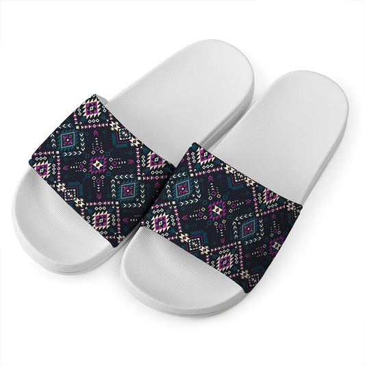 Geometric Ethnic Navajo Pattern Print White Slide Sandals
