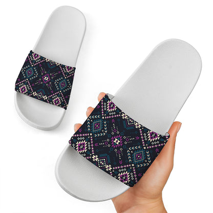 Geometric Ethnic Navajo Pattern Print White Slide Sandals