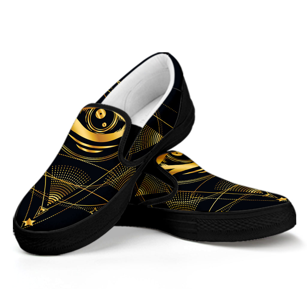 Geometric Eye of Providence Print Black Slip On Shoes