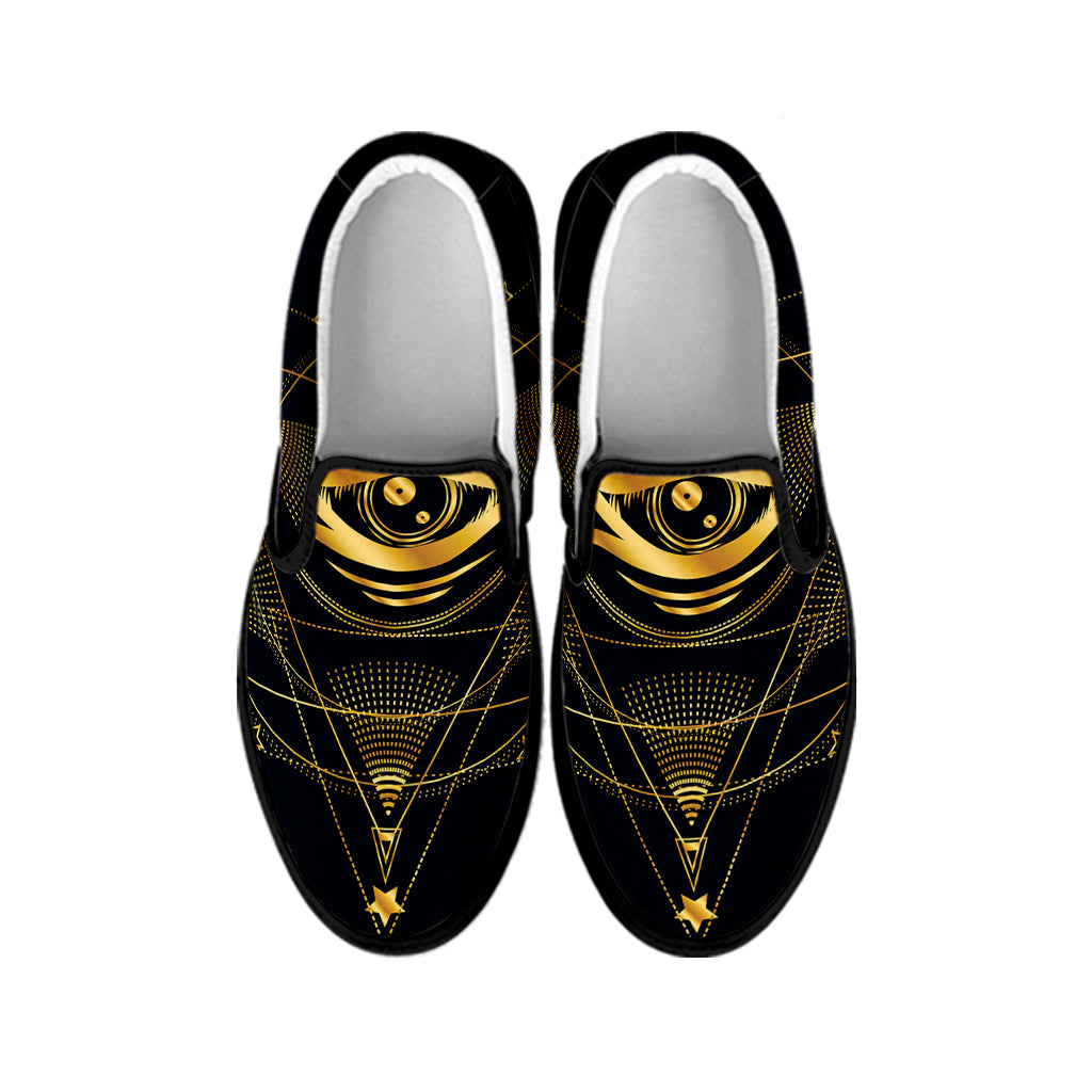 Geometric Eye of Providence Print Black Slip On Shoes