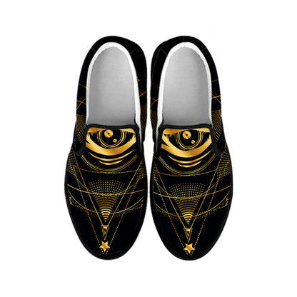 Geometric Eye of Providence Print Black Slip On Shoes