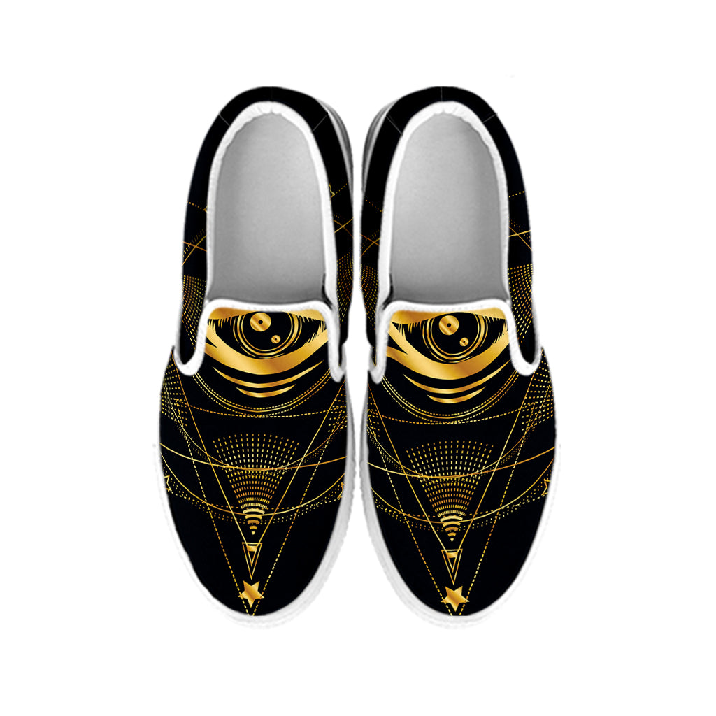 Geometric Eye of Providence Print White Slip On Shoes