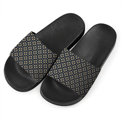 Geometric Floral Print Black Slide Sandals