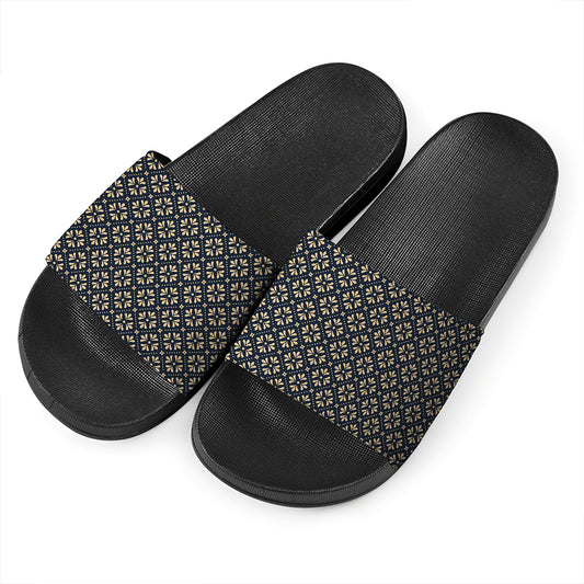 Geometric Floral Print Black Slide Sandals