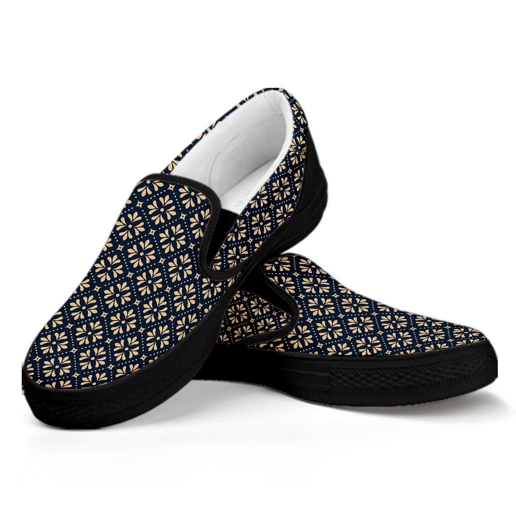 Geometric Floral Print Black Slip On Shoes