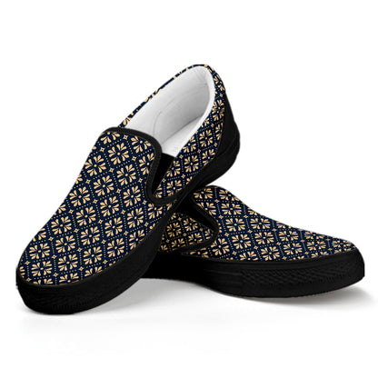 Geometric Floral Print Black Slip On Shoes