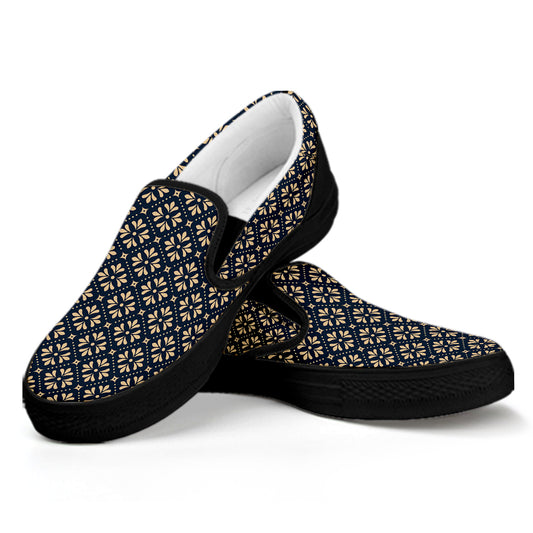 Geometric Floral Print Black Slip On Shoes