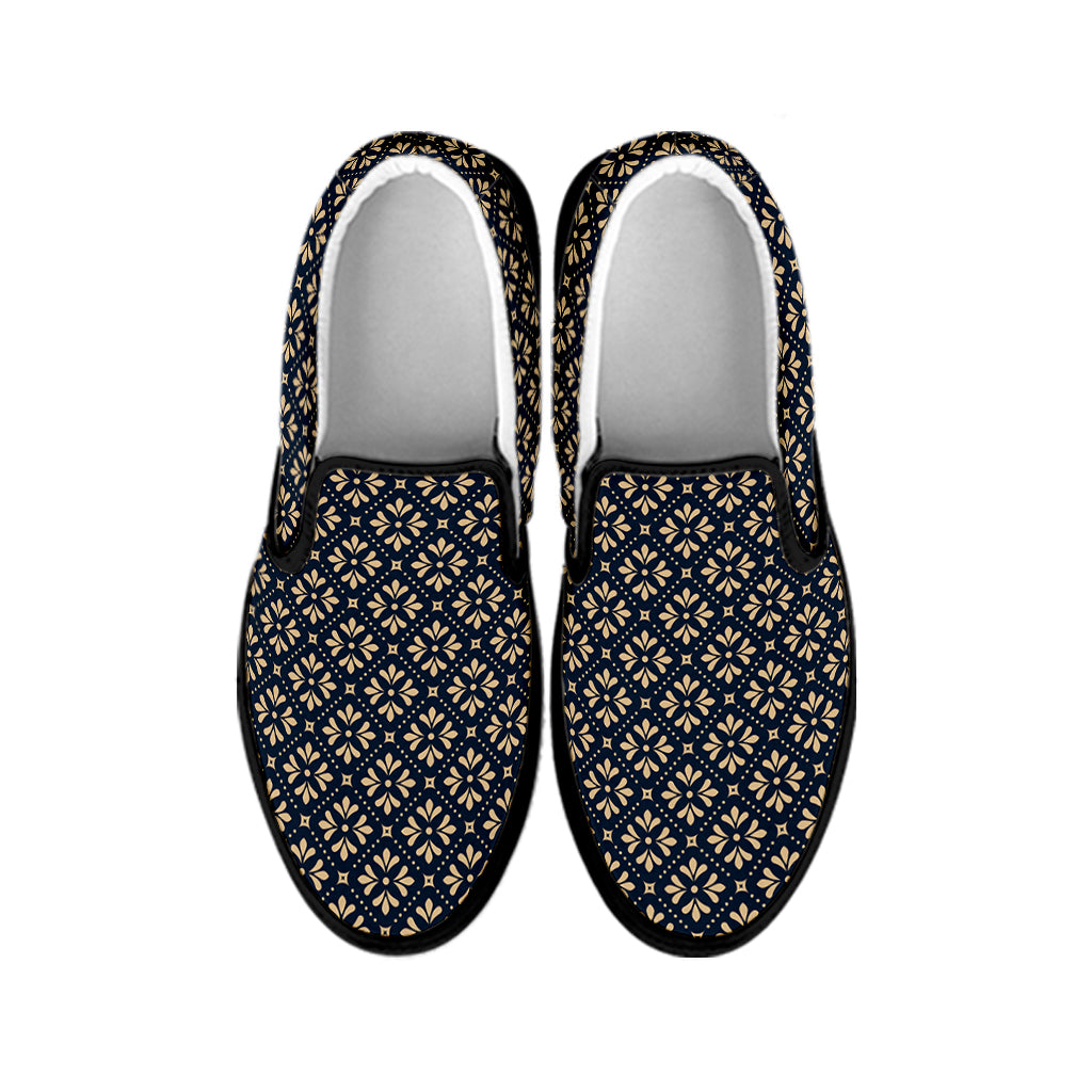 Geometric Floral Print Black Slip On Shoes