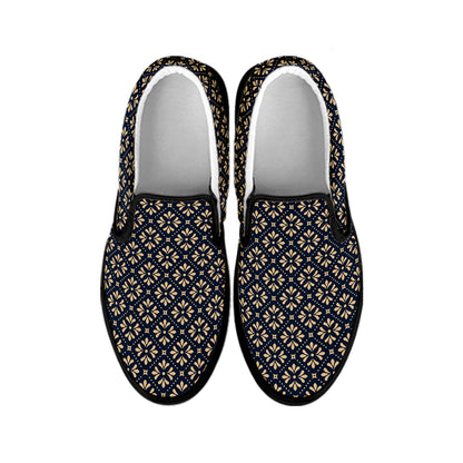 Geometric Floral Print Black Slip On Shoes