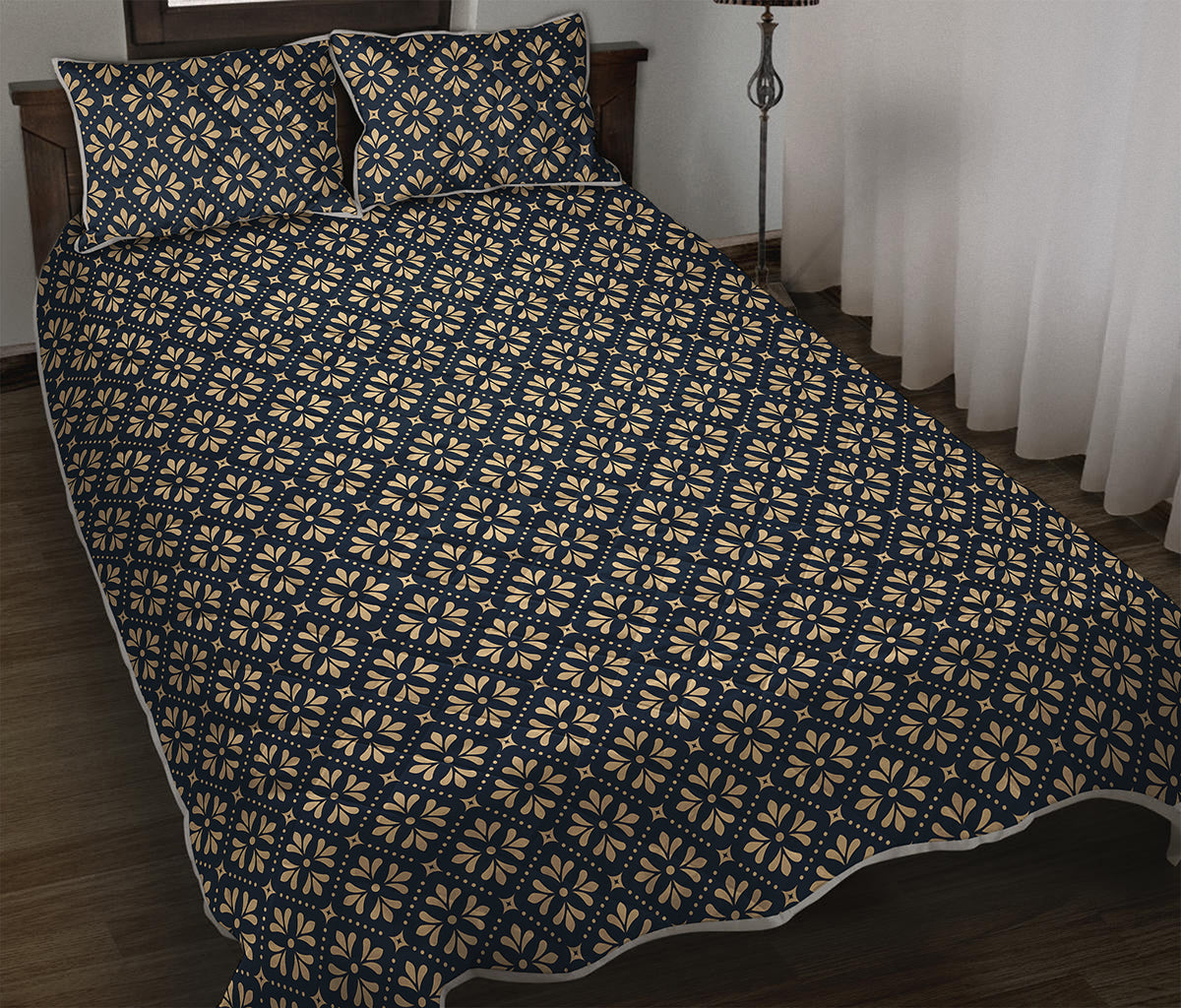 Geometric Floral Print Quilt Bed Set