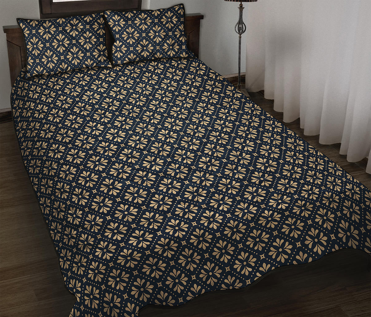 Geometric Floral Print Quilt Bed Set