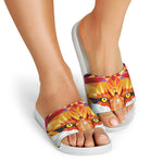 Geometric Fox Print White Slide Sandals