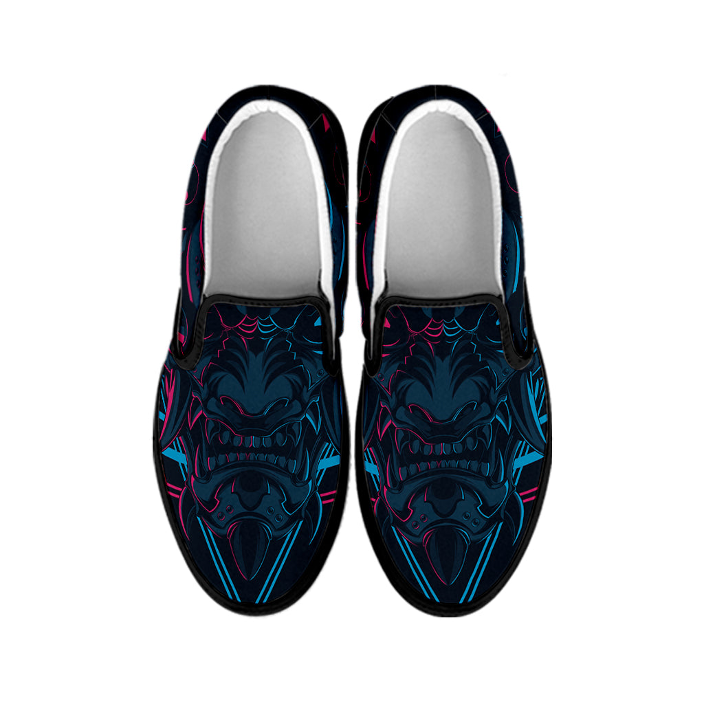 Geometric Japanese Demon Print Black Slip On Shoes