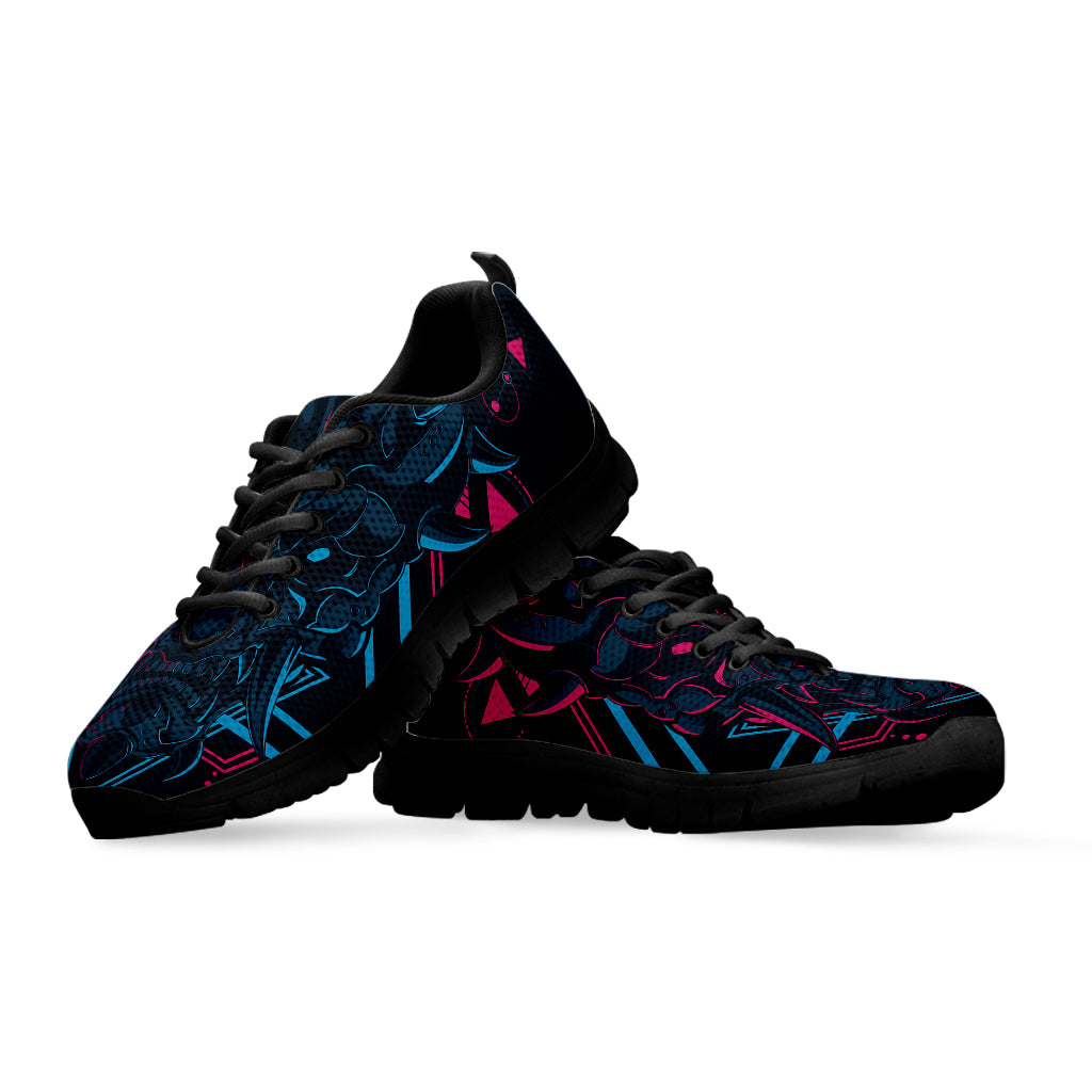 Geometric Japanese Demon Print Black Sneakers