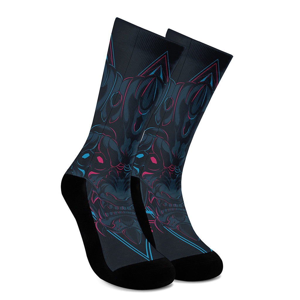 Geometric Japanese Demon Print Crew Socks
