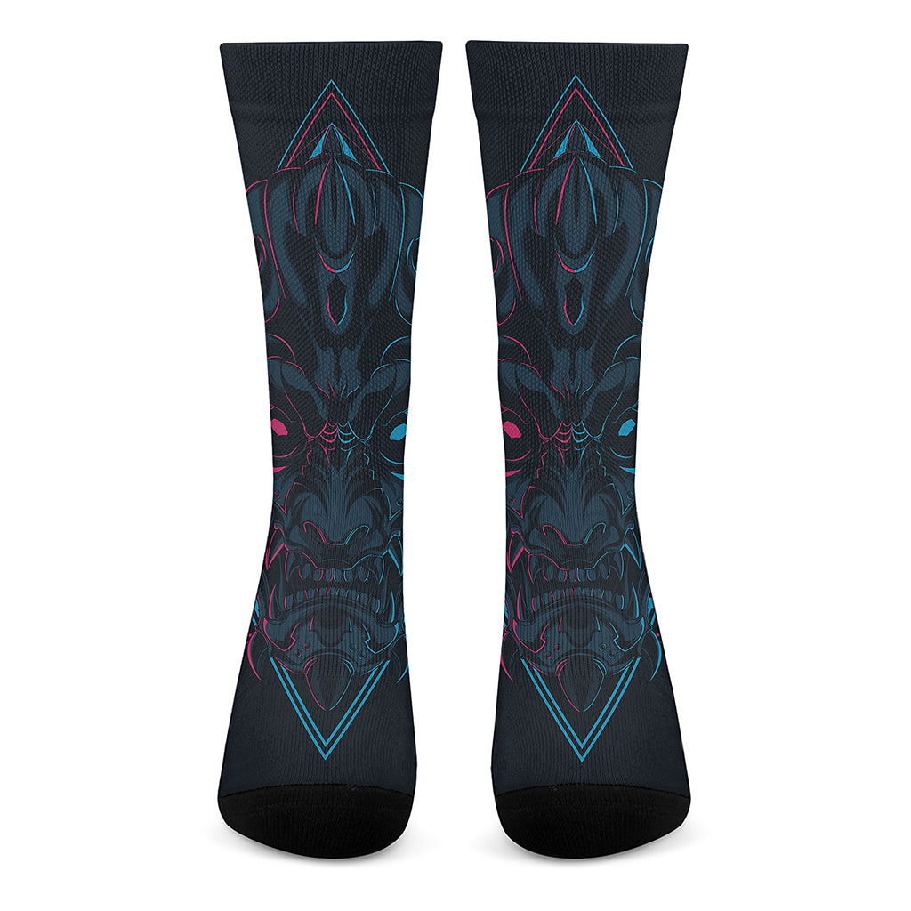 Geometric Japanese Demon Print Crew Socks