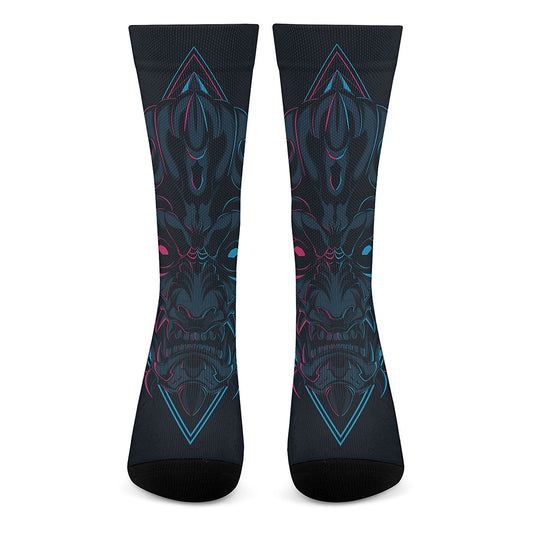 Geometric Japanese Demon Print Crew Socks