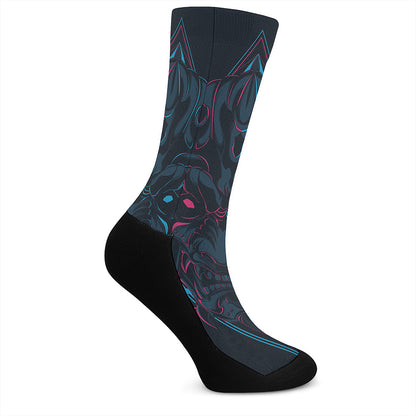 Geometric Japanese Demon Print Crew Socks