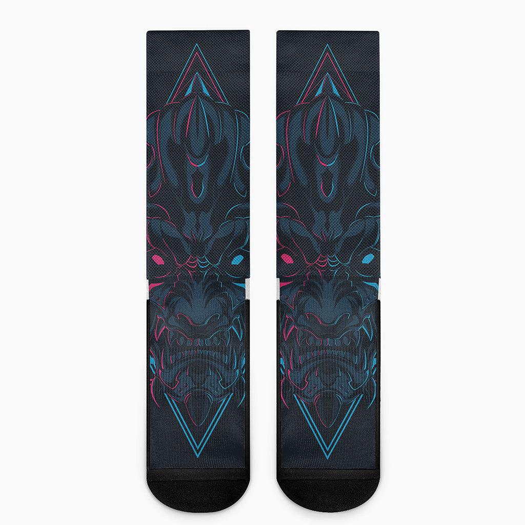 Geometric Japanese Demon Print Crew Socks