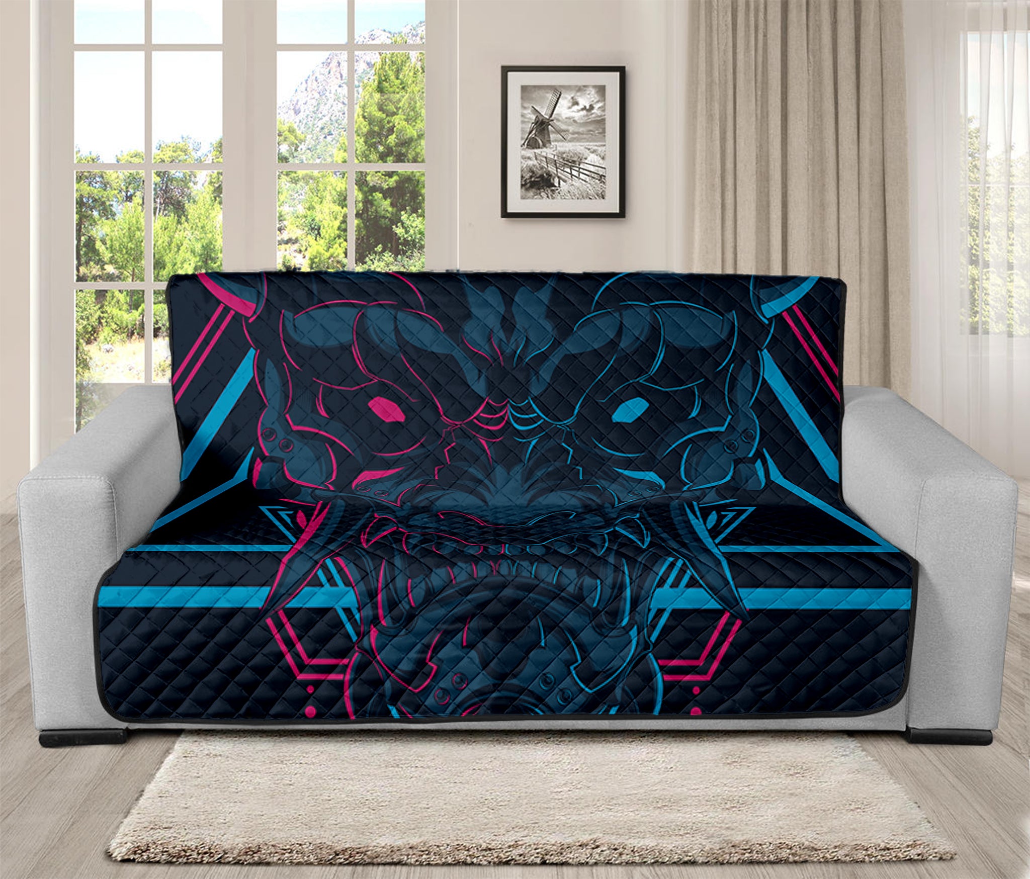 Geometric Japanese Demon Print Futon Protector