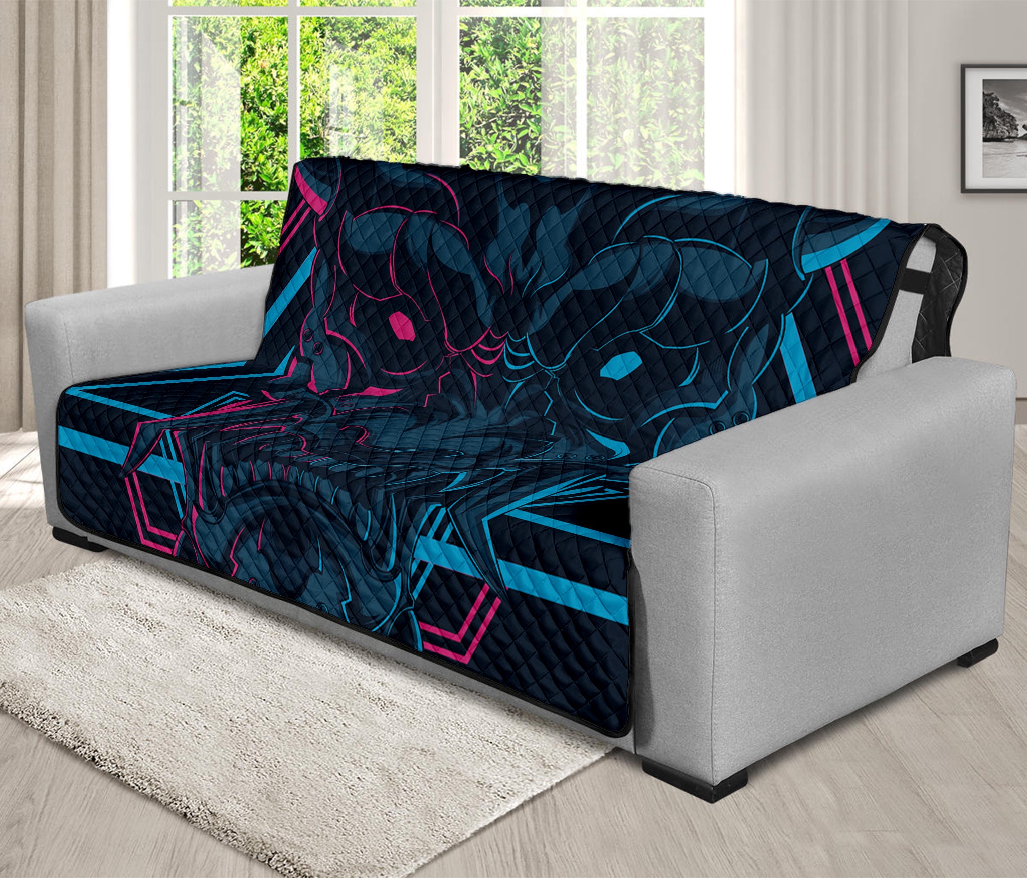 Geometric Japanese Demon Print Futon Protector