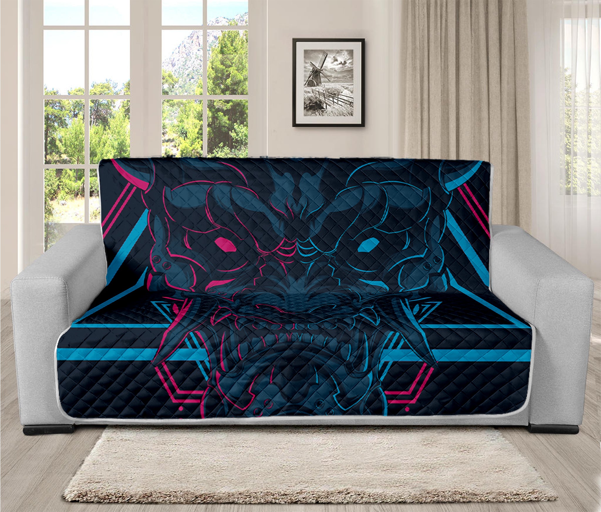 Geometric Japanese Demon Print Futon Protector