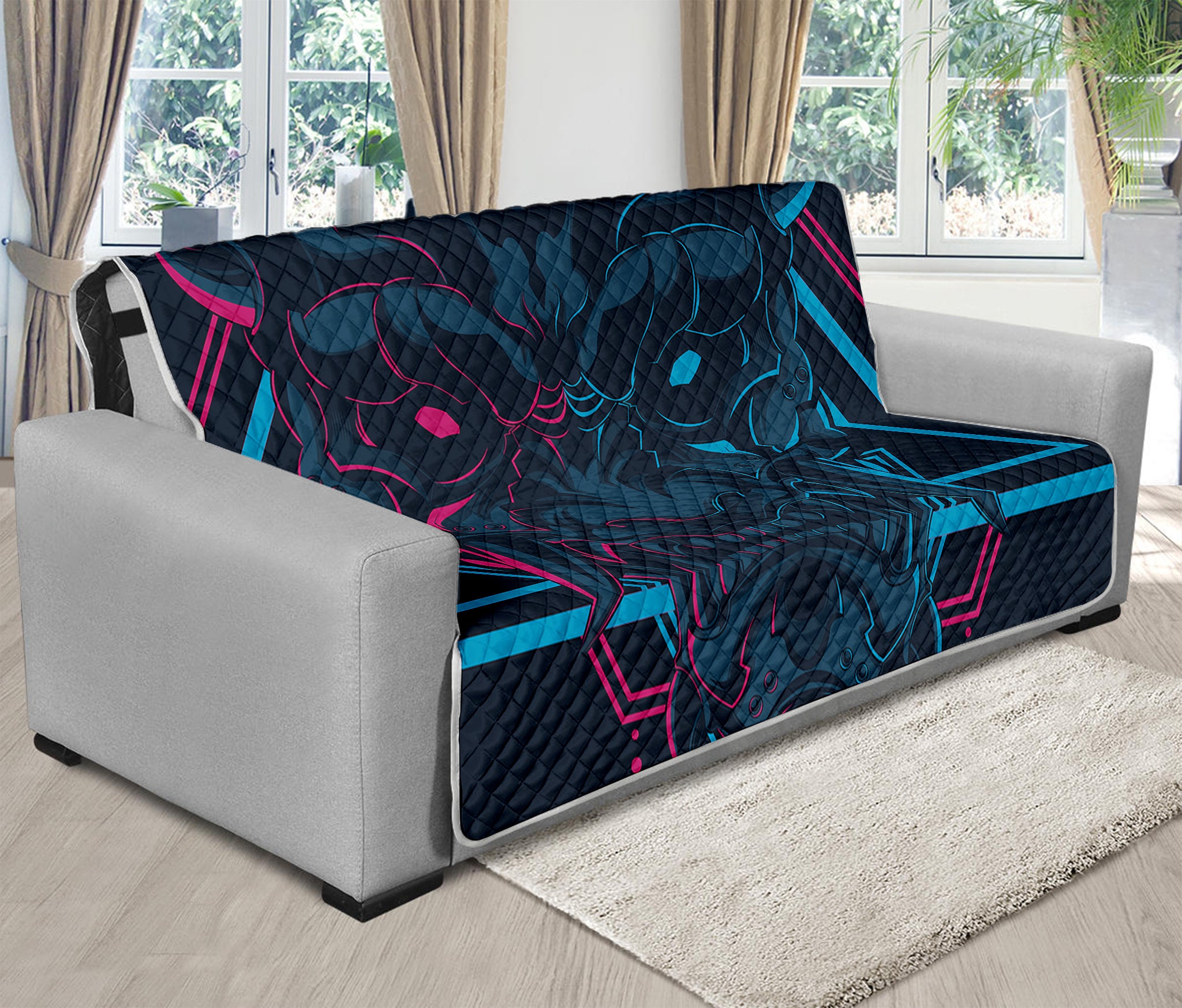 Geometric Japanese Demon Print Futon Protector