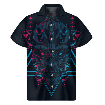 Geometric Japanese Demon Print Men's Short Sleeve Shirt
