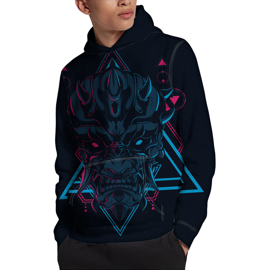Geometric Japanese Demon Print Pullover Hoodie
