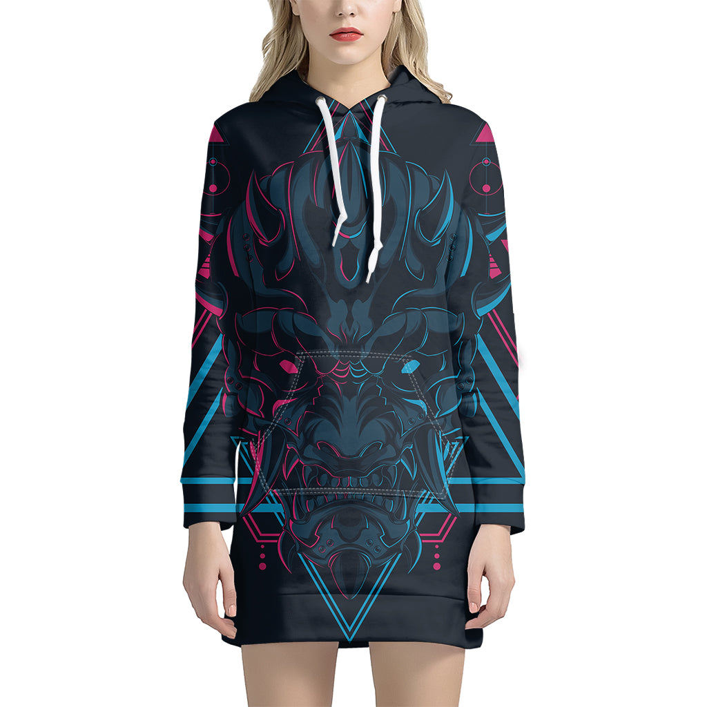 Geometric Japanese Demon Print Pullover Hoodie Dress