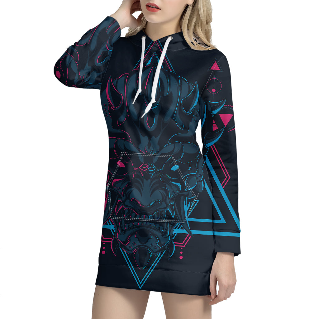 Geometric Japanese Demon Print Pullover Hoodie Dress