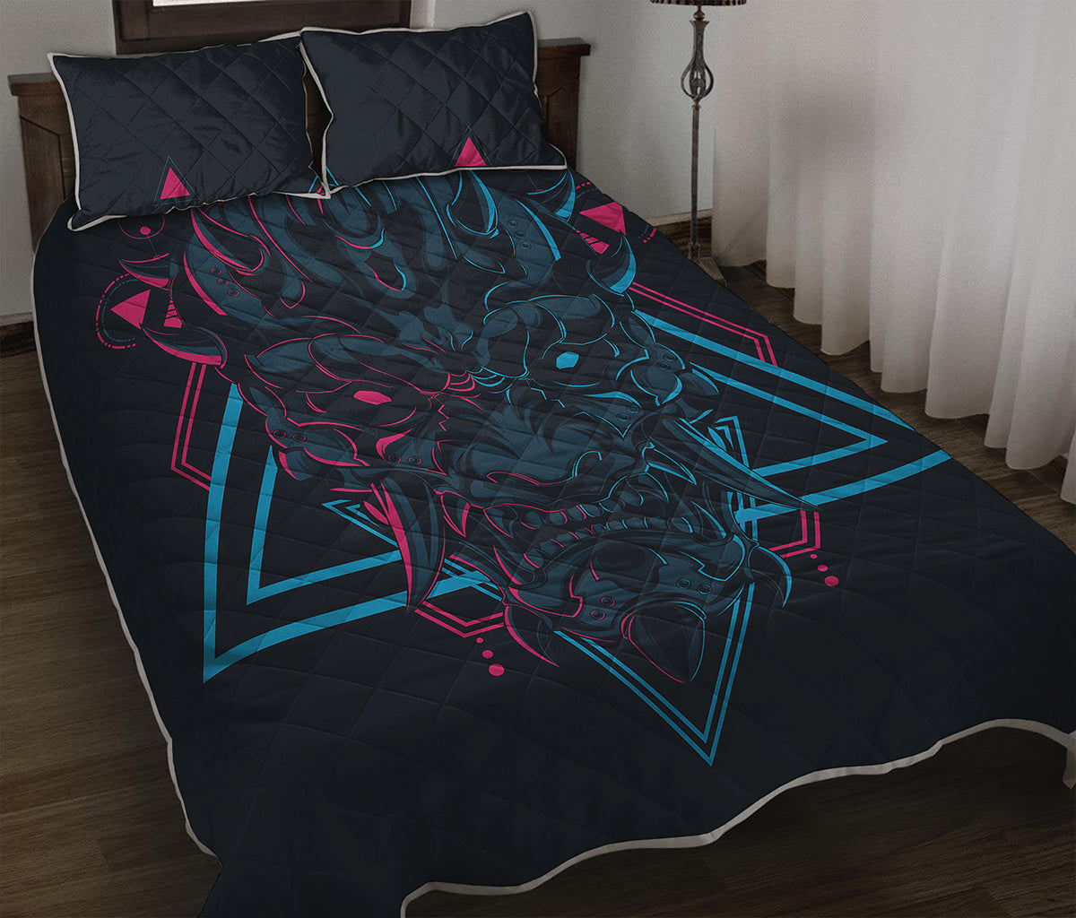 Geometric Japanese Demon Print Quilt Bed Set