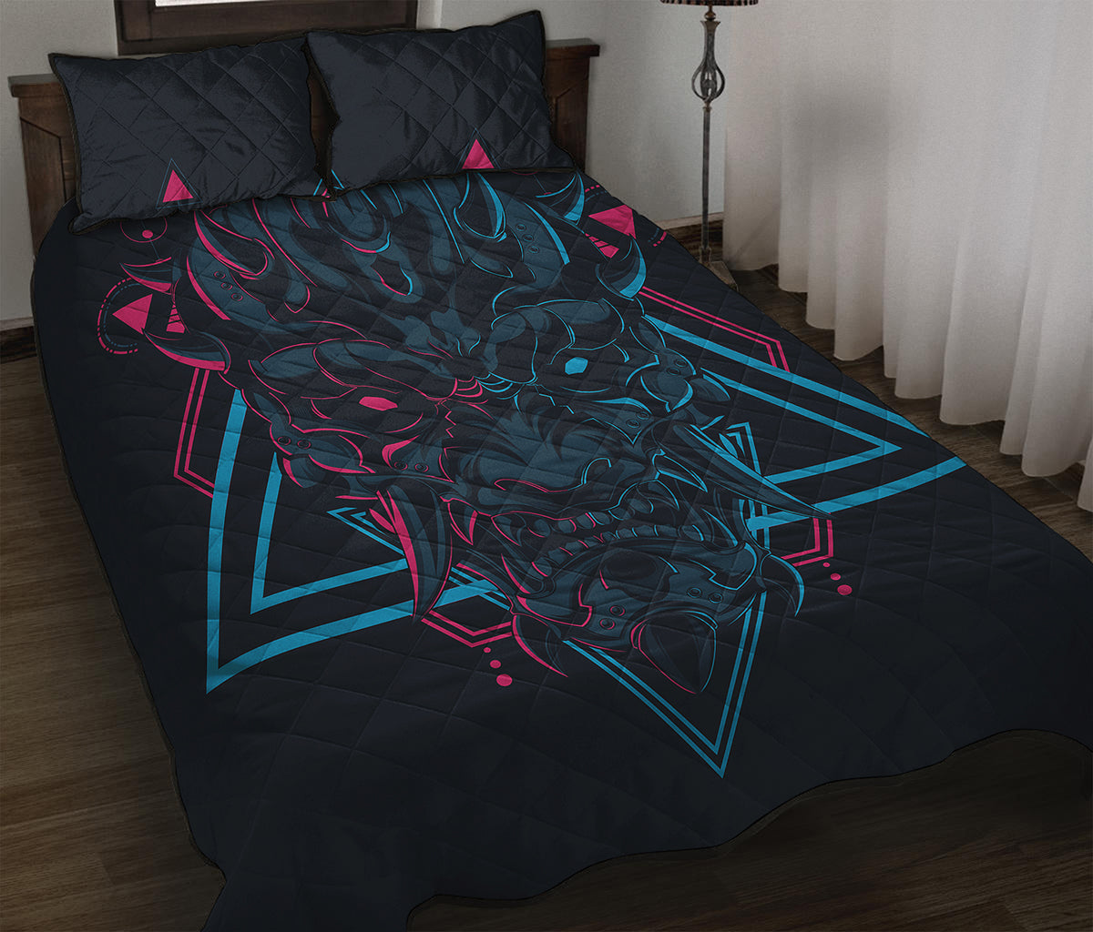 Geometric Japanese Demon Print Quilt Bed Set