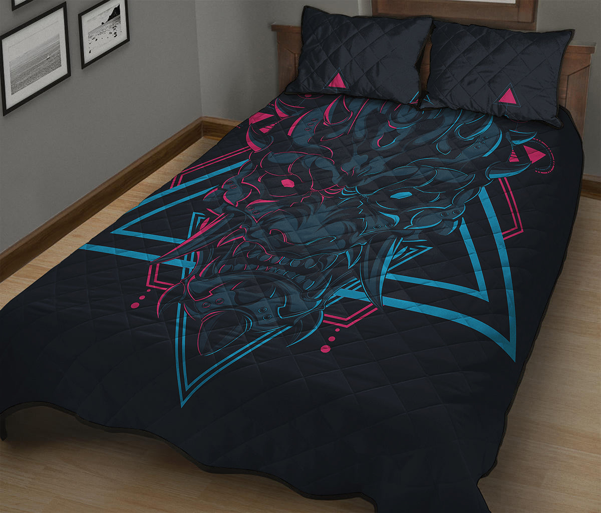 Geometric Japanese Demon Print Quilt Bed Set
