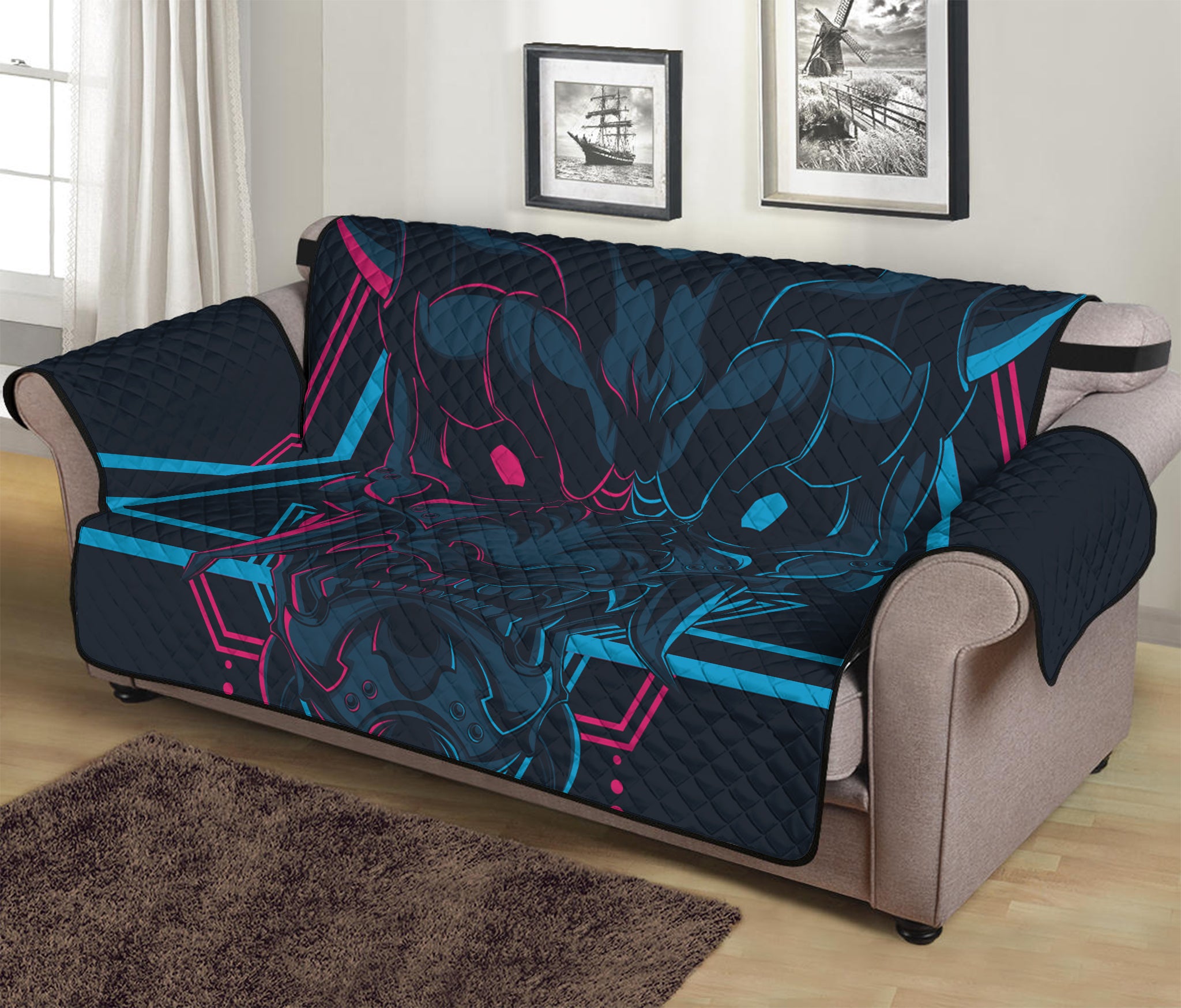 Geometric Japanese Demon Print Sofa Protector