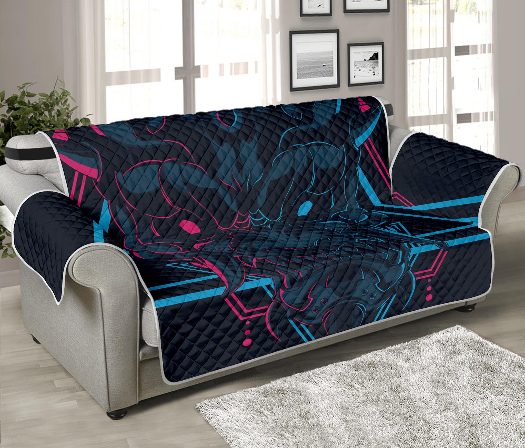 Geometric Japanese Demon Print Sofa Protector