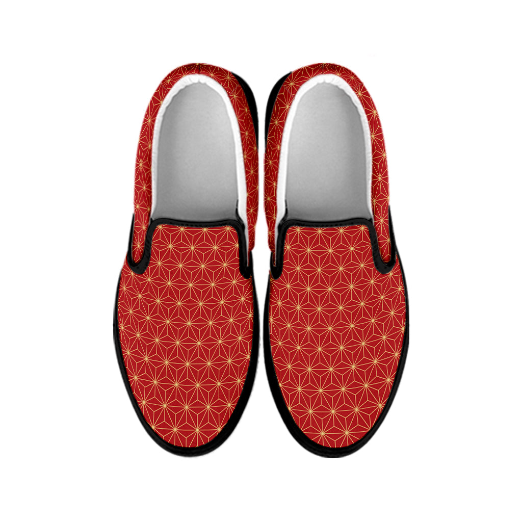 Geometric Japanese Floral Pattern Print Black Slip On Shoes