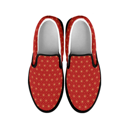 Geometric Japanese Floral Pattern Print Black Slip On Shoes