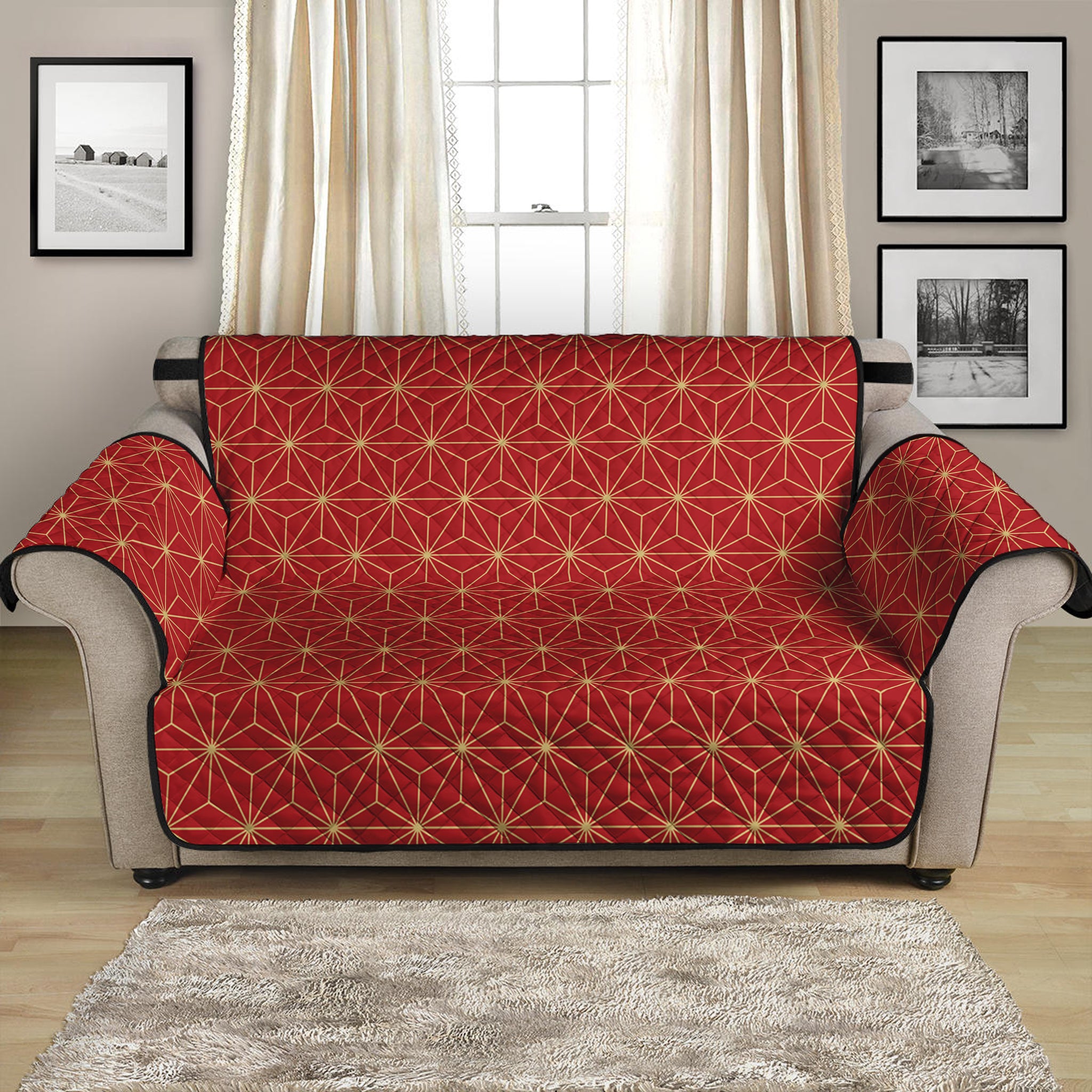 Geometric Japanese Floral Pattern Print Loveseat Protector